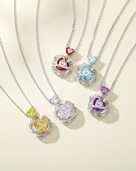 FANCIME Thornless Pulse Heart Birthstone Necklace for Women Sterling Silver Rose Pendant Fine Jewelry Gemstone Birthday Valentines Day Gifts for Wife Her