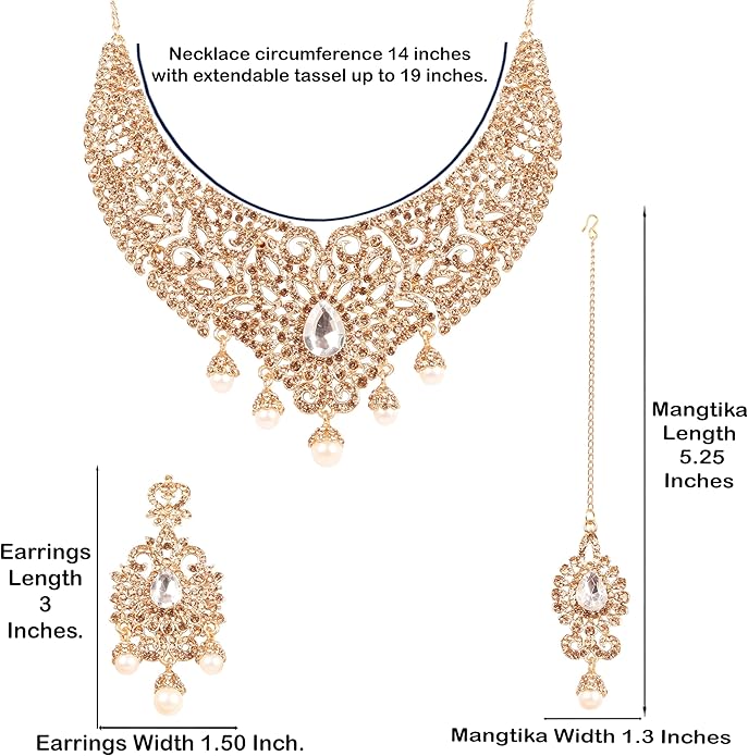 Touchstone Indian jewelry sets for women tikka wedding necklace costume guest statement bollywood rhinestones crystal faux pearls gold big royal neck piece set bridal fashion accessories