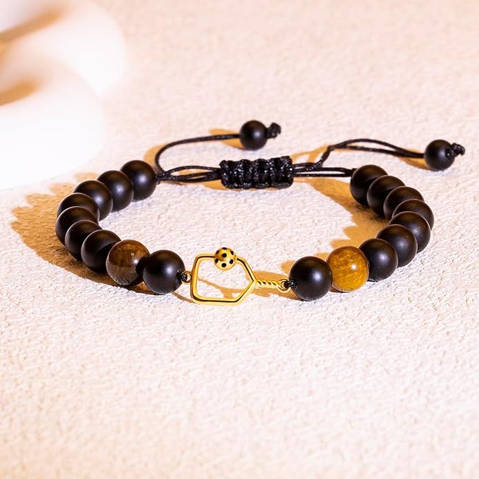 Natural Stone Adjustable Braided Beaded Pickleball Bracelet Charm Jewelry - Sports Lover Pickleball Gifts for Women Men Teens Friends