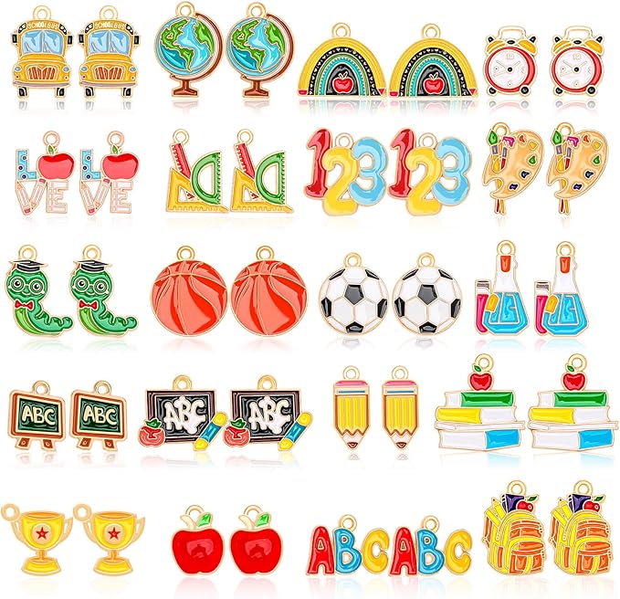 MARFOREVER Back to School Charms, 40Pcs/20 Pairs Teacher Charms for Jewelry Making, First Day of School Enamel Pencil Book Blackboard Pendants for Bracelet Necklace Earrings