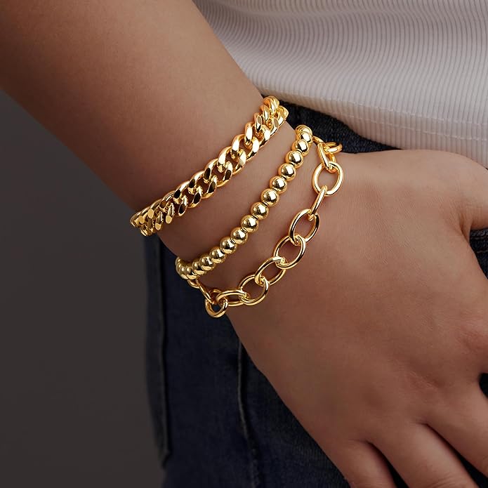 Gold Bracelets Set for Women Stack, Dainty Thick Bracelets Stack for Women Trendy, Simple Thin Gold Plated Cuff Stackable Bracelets With Beaded Cuban Paperclip Snake Rope Bangle Hand Chain Jewelry Gifts for Women Non Tainish
