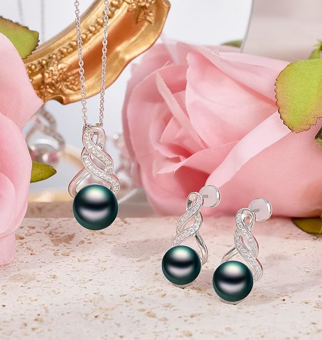 Gifts for Women-Pearl Necklace and Earring Set -925 Sterling Silver Jewelry Set- Birthday Valentines Day Anniversary or Christmas Gifts for Wife