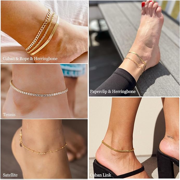 DEARMAY Dainty 14K Gold Plated Ankle Bracelets for Women, Waterproof 14K Gold Plated Link Chain Anklets Non Tarnish Set Pack Summer Beach Jewelry Gift