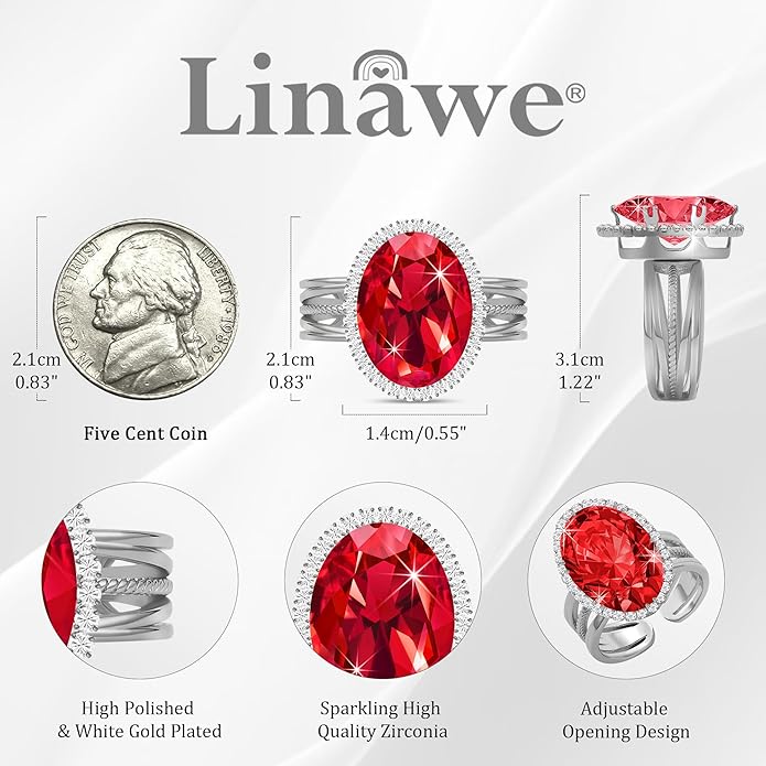 Linawe Birthstone Chunky Adjustable Rings for Women, Gold/Silver/Rose Gold Statement Rings, Imitation Diamond Fake Gemstone Crystal Cocktail Ring, Cubic Zirconia Costume Jewelry