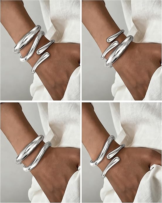 Chunky Bangle Bracelets for Women, Dainty 14k Gold Plated Big Stackable Bangles Set, Trendy Statement Women's Cuff Bracelet Stack Waterproof Chunky Bracelets Jewelry Gifts