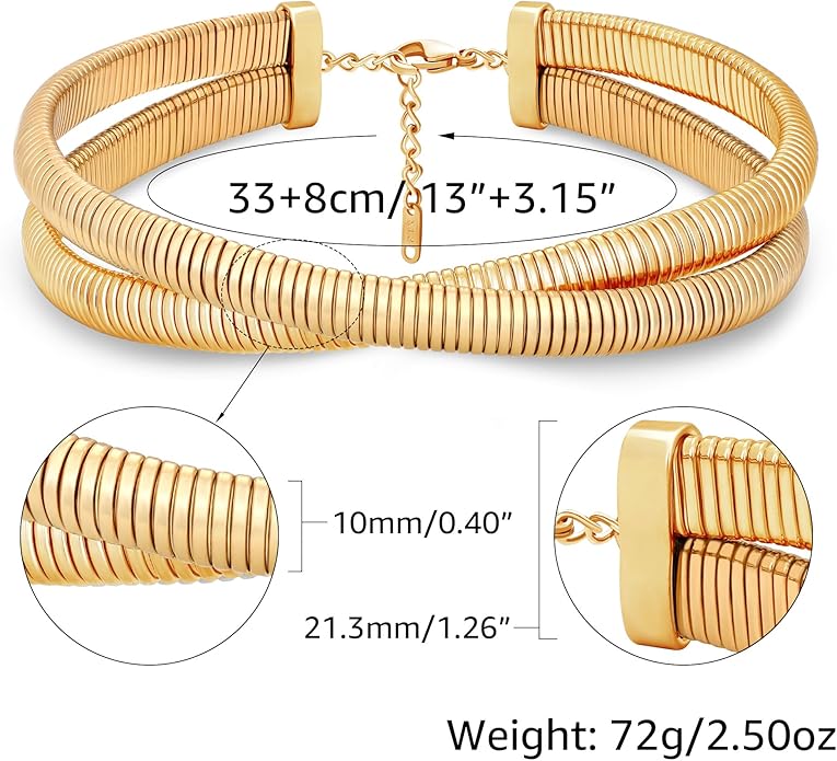 Chunky Gold Choker Necklace for Women, 14K Gold Plated Snake Chain Statement Necklace Triple Twsited Layered Choker Necklaces Jewelry Gifts