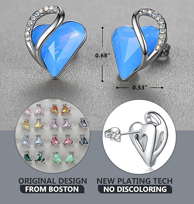 Leafael Infinity love Heart Birthstone Stud Earrings for Women, Valentine's Day Gifts for Mom, Wife, and Her, Silver Plated Birthday Jewelry