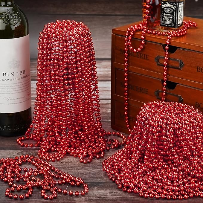 ZYFLSQ 100 Pcs 33" 7mm Metallic Red Mardi Gras Beads Necklaces Bulk, Valentine Beaded Necklaces, Party Beads for Carnival Valentines Patriotic Day Christmas Party Favors Decorations (Red)