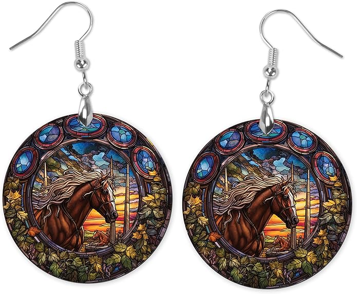 Round Wood Earrings Light Weight Printed Image Dangle Jewelry