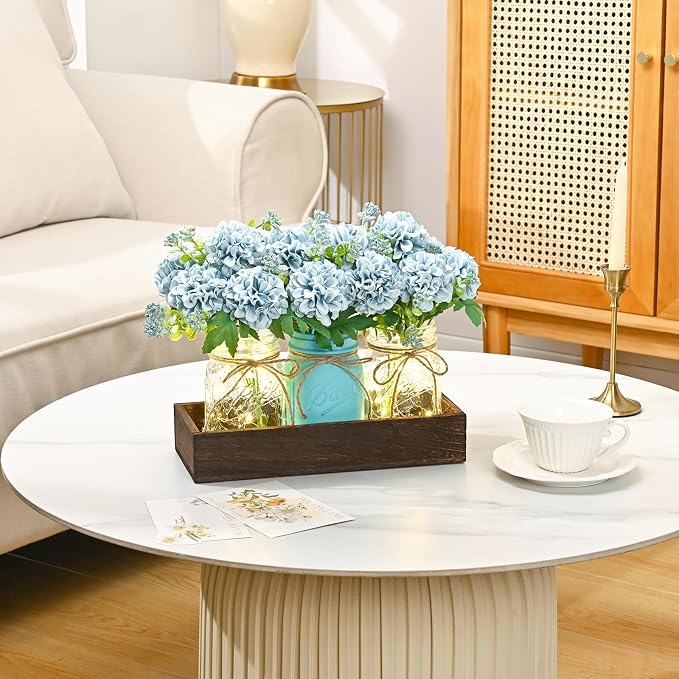 BLEUM CADE 3Pcs Mason Jar with Artificial Flowers Wood Tray and Light | - Image 5
