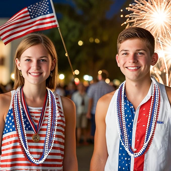 100 PCS 4th of July Beads, 33" Patriotic Beads Necklaces Bulk, Red White Blue Necklace Bulk, Independence Day Party Parade Throw Accessories Set for Memorial Day Fourth of July Party Supplies