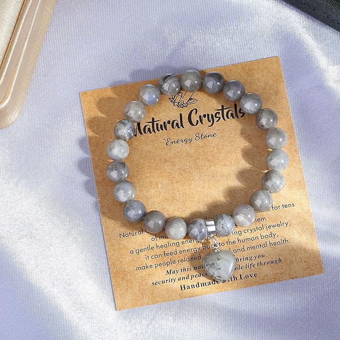 MAIBAOTA Healing Crystal Bracelet for Women, 8 mm Natural Gemstone Beaded Bracelet, Love Heart Bracelet Jewelry Gifts for Birthday Mothers Day Valentine's Day Anniversary