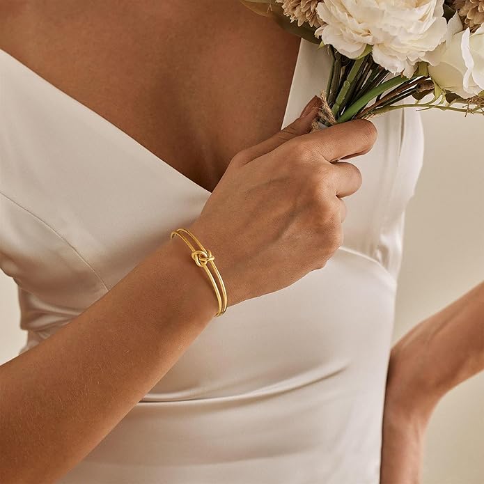Turandoss Gold Knot Bangle Bracelets for Women - Dainty 18K Gold Plated Cuff Bangle Bracelets for Women Trendy Personalized Open Love Knot Bracelet Adjustable Cuff Bracelet Valentine Gifts for Her