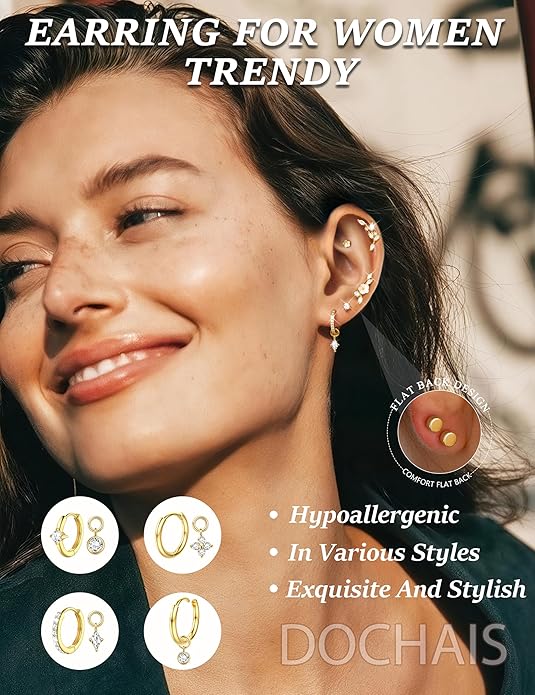18 PCS Single Cartilage Studs Earrings Women Trendy 14k Gold Plated Flat Back Earings Stacks Dainty Small Pendant Dangle Huggie Hoops Earring Cubic Zirconia Flatback Stud Sets for Multiple Piercing