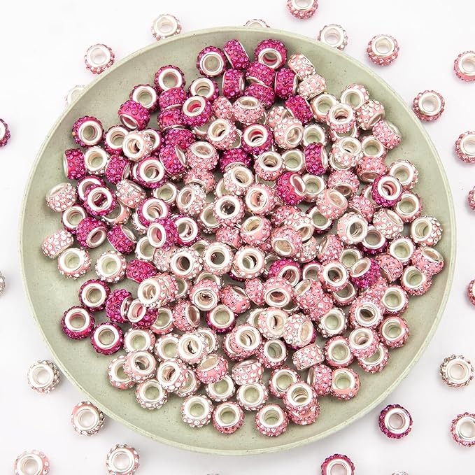 200 Pieces European Large Hole Spacer Beads, Pink European Craft Beads Rhinestone Lampwork Beads Fairy Garden Beads for DIY Charms Bracelet Necklace Earring Jewelry Making Supplies