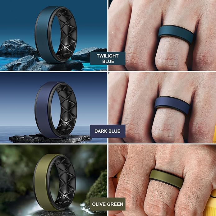 Egnaro Silicone Rings for Men 1/4/5/6/7 Multipack of Breathable Mens Silicone Rubber Wedding Rings Bands - Step Edge
