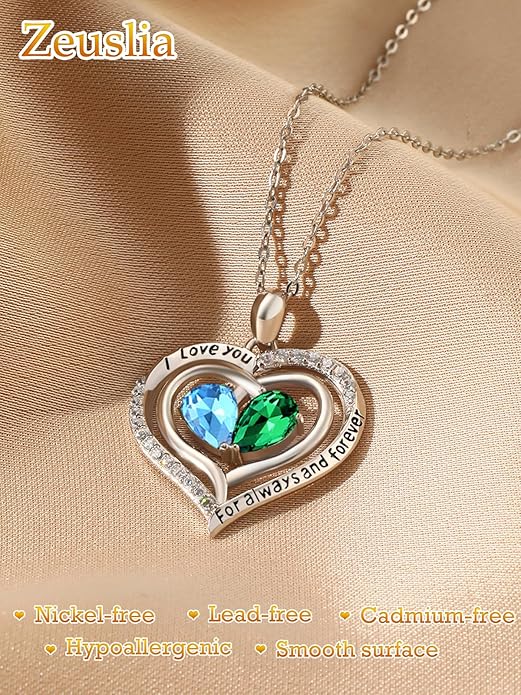 Valentine's Day Gifts for Wife 925 Sterling Silver Double Birthstone Pendant Necklaces I Love You for Always and Forever Necklace Anniversary Birthday Gifts for Wife Girlfriend Mom Her