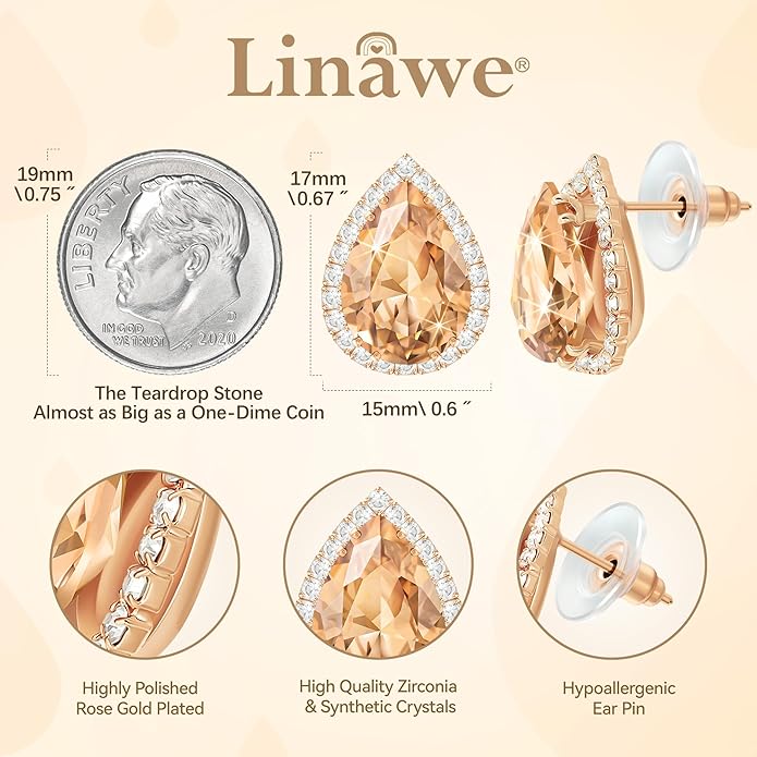 Linawe Women Stud Earrings, Teardrop Diamond Moissanite Cubic Zirconia Earrings Studs Rhinestone Jewelry Gold/Silver/Rose Gold