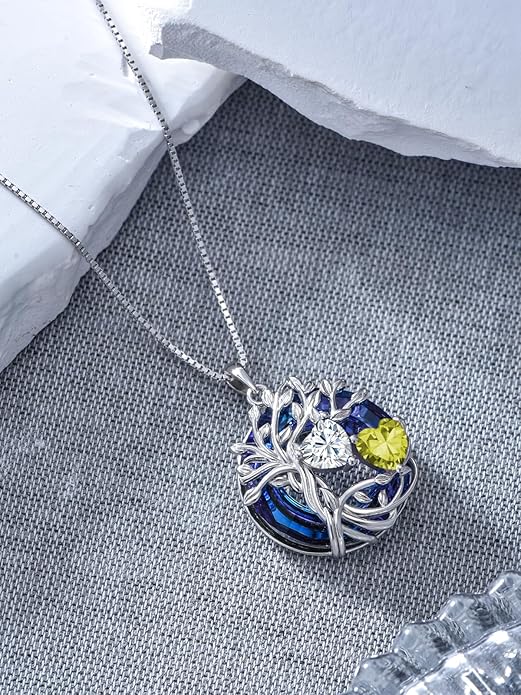 TOUPOP s925 Sterling Silver Family Celtic Tree of Life Pendant Necklaces with 2 Heart Birthstone with Blue Austrian Crystal Jewelry Birthday Valentines Day Gifts for Her, Anniversary Christmas Gifts for Wife Girlfriend Mom (18K Real White Gold Filled)