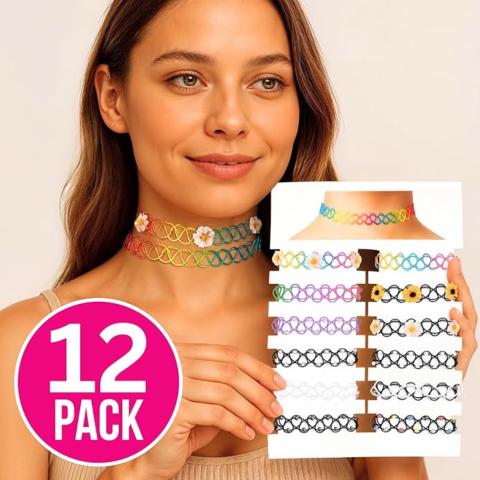 BodyJ4You 12PC Tattoo Choker Necklace for Women - 90s Choker Necklaces Y2K Fashion Trendy Vintage - Emo Black Choker Rainbow Pink White Purple Neon Green Blue Daisy Flower