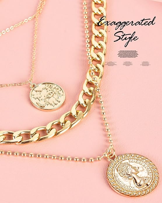 MJartoria Layered Necklaces for Women Trendy Retro Coin Pendant Necklace Dainty Chunky Chain Necklaces for Jewelry Birthday Gifts