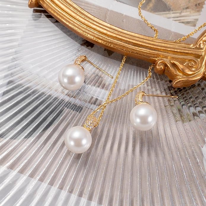 Classic Pearl Jewelry Set for Women – Elegant Pearl Necklace and Earrings Set with 14K Gold Plated Silver Chain Jewelry Perfect as Special Occasion Gift