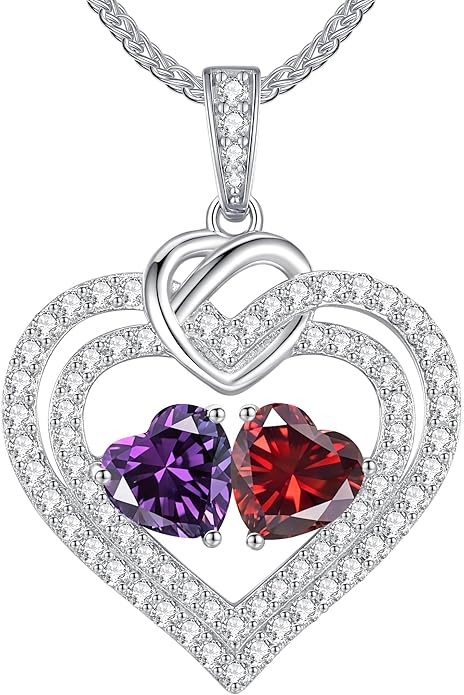 LOUISA SECRET Sparkling Double Heart Birthstone Necklaces for Women, 925 Sterling Silver Fine Jewelry, Pendant Heart Necklaces Birthday Anniversary Christmas Gift for Women Wife Mom Girlfriend Lady