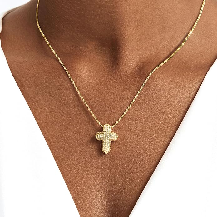 OGD Bubble Cross Necklace for Women 14k Gold Plated Cross Necklace Stackable Dainty Gold Necklace Mariner Chain Necklace CZ Cross Pendant Necklaces Set Simple Jewelry Gift