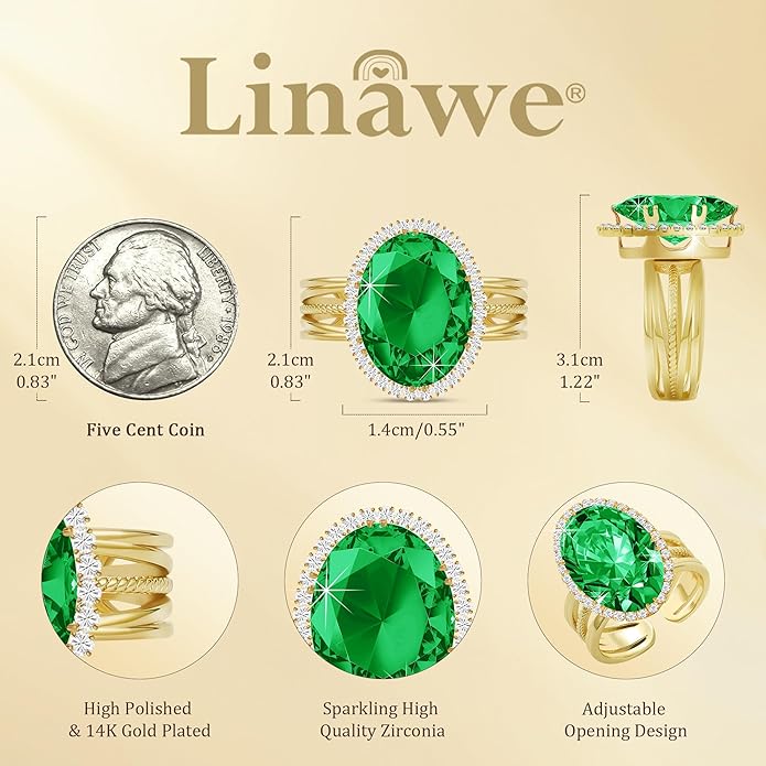 Linawe Birthstone Chunky Adjustable Rings for Women, Gold/Silver/Rose Gold Statement Rings, Imitation Diamond Fake Gemstone Crystal Cocktail Ring, Cubic Zirconia Costume Jewelry