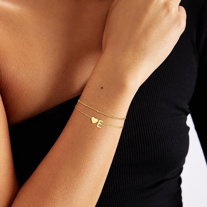 Valentines Day Gifts for Kids Women Girls, 14K Gold Plated Heart Initial Bracelet Teen Girl Gifts Trendy Stuff Dainty Gold Bracelets for Women Girls Valentines Day Gifts