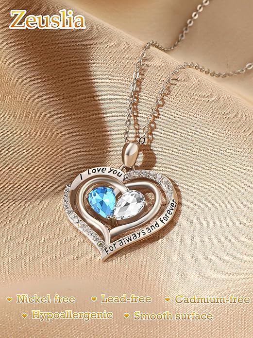 Valentine's Day Gifts for Wife 925 Sterling Silver Double Birthstone Pendant Necklaces I Love You for Always and Forever Necklace Anniversary Birthday Gifts for Wife Girlfriend Mom Her