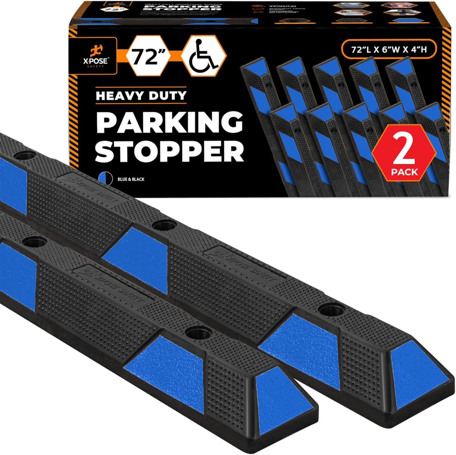 Xpose Safety 72" Heavy Duty Rubber Parking Stopper – 2 Pack Wheel Blocks for Garage, Driveway, or Ramp – Car Bumper Stop with Blue Reflective Strips – Removable Floor Mount