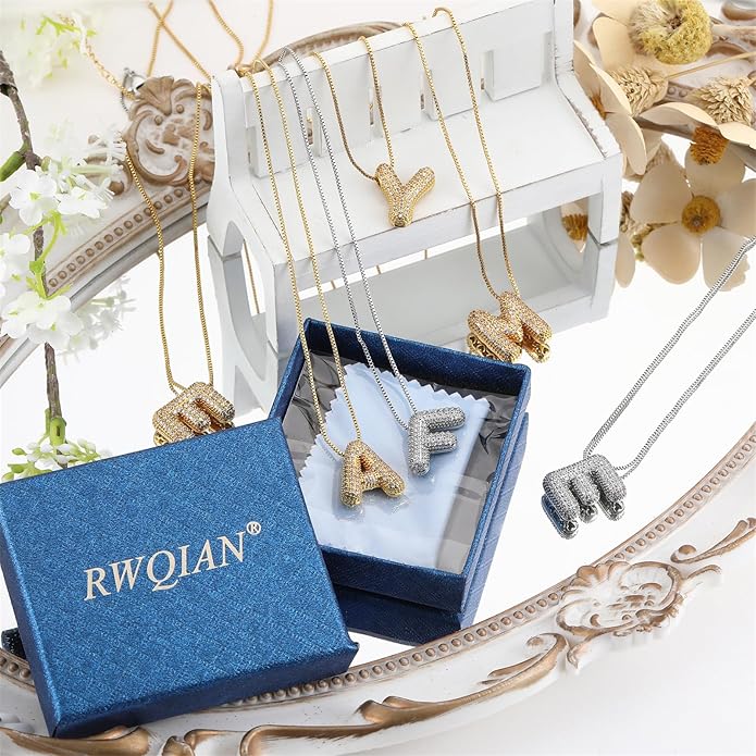 RWQIAN Letter Necklace for Women Bubble, Chunky Initial Alphabet A-Z Pendant Puffy Name Personalized Necklace Dainty Zircon CZ Fashion Jewelry Gifts for Girls Girlfriend