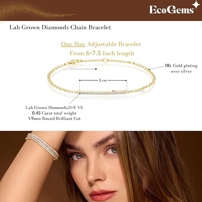 EcoGems Lab Grown Gemstone & Moissanite Bracelets – 14K/18K White or Yellow Gold Plated Sterling Silver – D Color VVS/VS Clarity – Elegant Sustainable Jewelry Gift with Gift Box