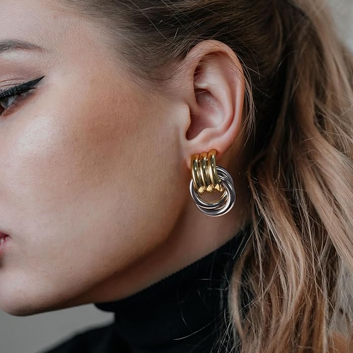 Chunky Gold Knot Earrings for Women, Gold Silver Statement Geometric Drop Dangle Long Link Earrings Trendy Dupes Jewelry
