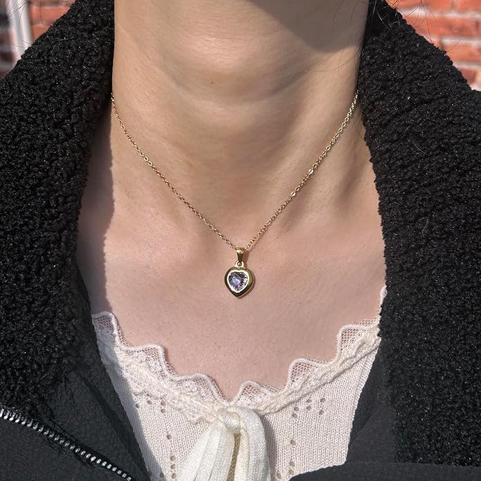 Cute Gold Heart Necklace for Women,18k Gold Plated Cubic Zirconia Charm Necklaces,Stainless Steel Women's Heart Stone Pendant Necklace for Women,16-18 Inches Adjustable Chain,Trendy Jewelry Gifts