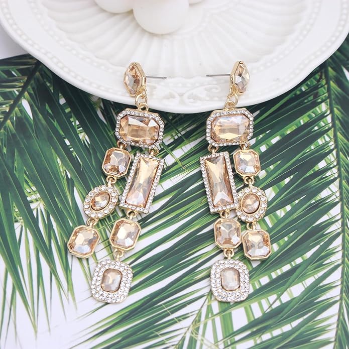 Vintage Rectangle Teardrop Chandelier Earrings, Art Deco Wedding Austrian Crystal Drop Dangle Earrings for Women Party Prom