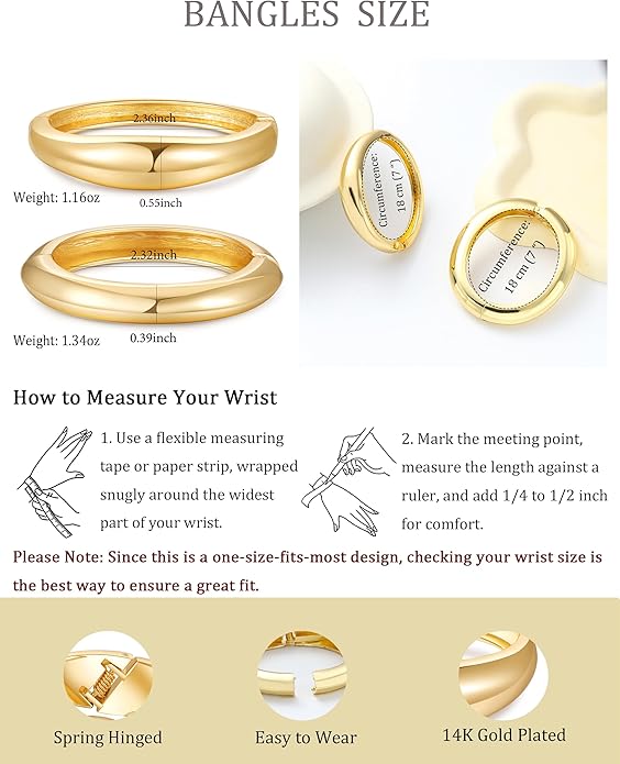 2pcs Gold Bangle Bracelets for Women, Trendy Hinged Cuff Open Wide Chunky Gold Bracelet Stack Arm Cuff Jewelry for Women