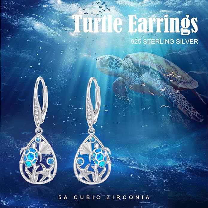 Turtle Earrings for Women S925 Sterling Silver Hawaii Blue Opal Sea Starfish Dangle Earring Tortoise Drop Animal Statement Ocean Summer Beach Vacation Jewelry Mothers Day Christmas Gift