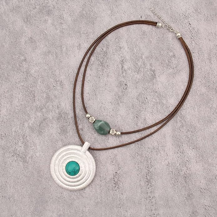 Boho Necklaces for Women Chunky Circle Necklace Layered Boho Circle Leather Choker Necklace Long Vintage Necklaces Bohemian Jewlery Gifts