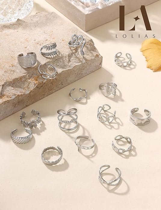 LOLIAS 16Pcs Stackable Stainless Steel Rings for Women Chunky Silver Rings Non Tarnish Ring Open Adjustable Thumb Finger Statement Ring Set