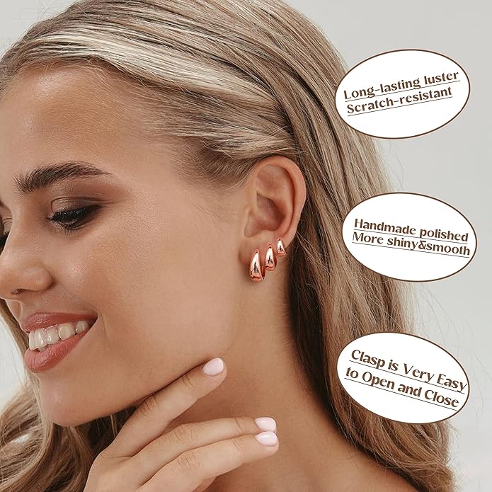BESTEEL 3Pairs 14K Gold Plated Hoop Earrings Set for Women Chunky Earring Silver Plated Hypoallergenic Small Huggie Hoops Lightweight Tiny Thick Trendy Hoop Earrings Stacks for Multiple Piercing