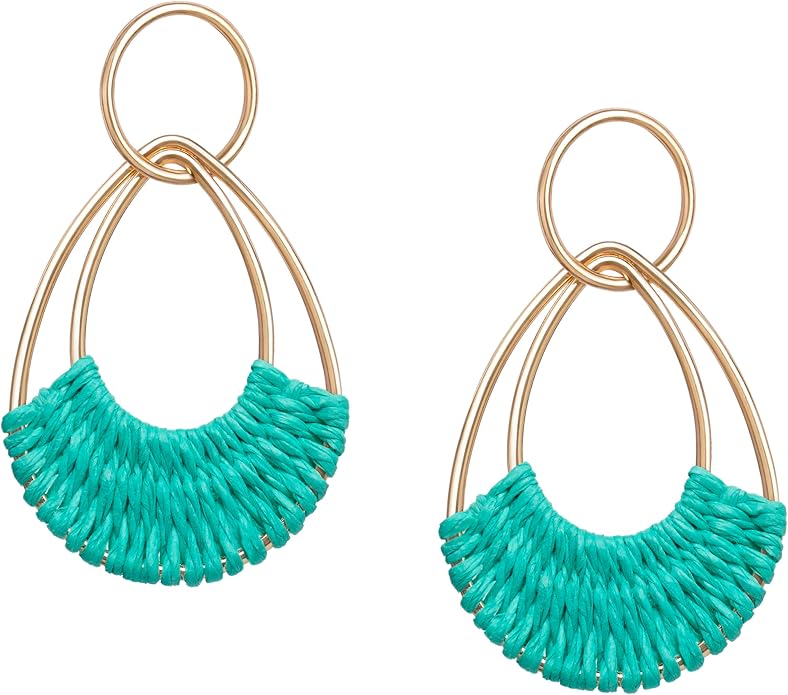 Raffia Hoop Earrings for Women Fun Boho Summer Beach Earrings Lightweight Handmade Straw Wicker Rattan Dangle Earrings Statement Geometric Round Drop Earrings