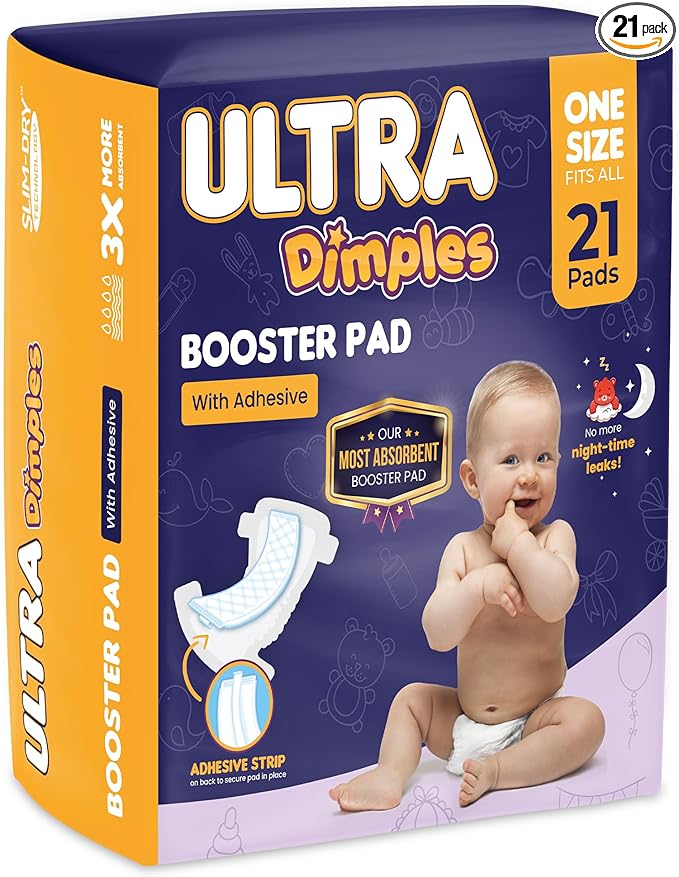 Dimples Booster Pads, Baby Diaper Doubler Inserts with Adhesive - 1 Size Fits All Diapers - Boosts Absorbency - No More leaks for Overnight, Travel, Nighttime or Anytime 21 Count
