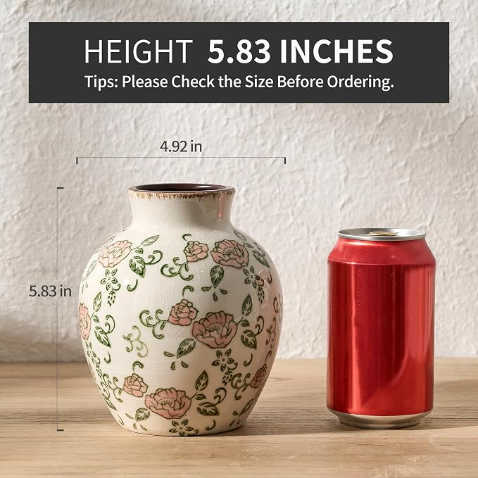 SIDUCAL Ceramic Vintage Vase, 5.83 Inch Retro Ice Cracked Chinoiserie Floral - Image 3