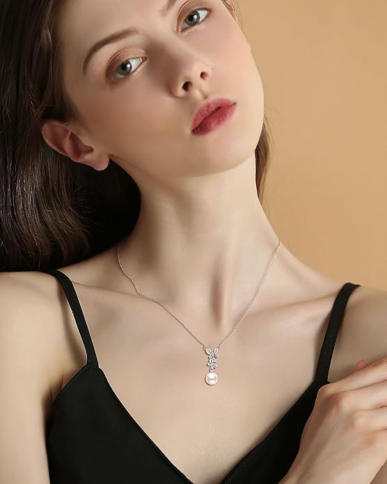 Pearl Necklace for Women with 14K Gold Plated S925 Silver & Butterfly Pendant Necklace, 17.7"+2" Chain Length, Gift for Birthday, Mothers Day, Christmas, Anniversary, Graduation