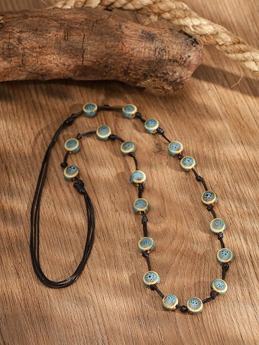 MINACHI Hippie Bohemian Colorful Ceramic Bead Long Strand Necklace, Boho Hippie Beach Summer Statement Jewelry Gift for Women
