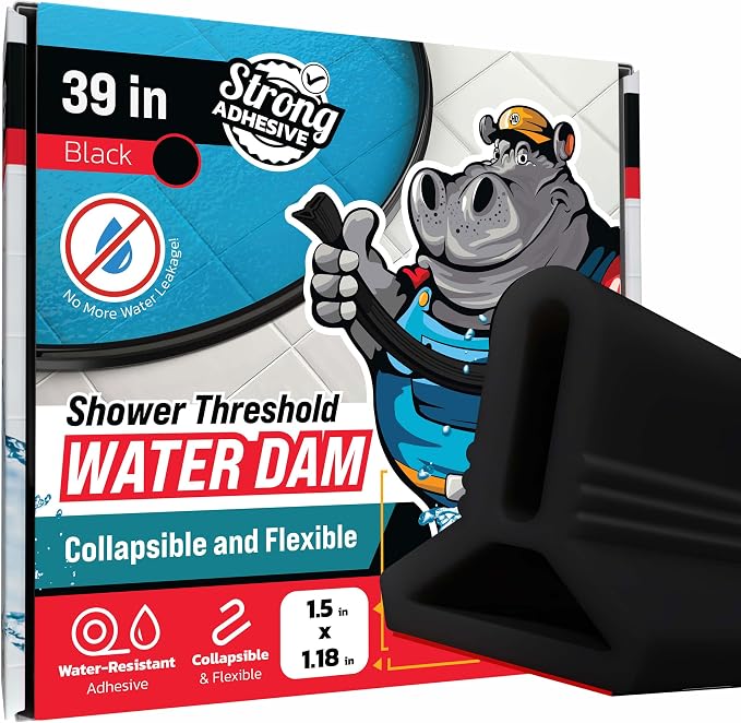 39" Black Shower Threshold Water Dam Barrier, 1.5" Tall Water Stopper Strip | by ExploreHippoDam