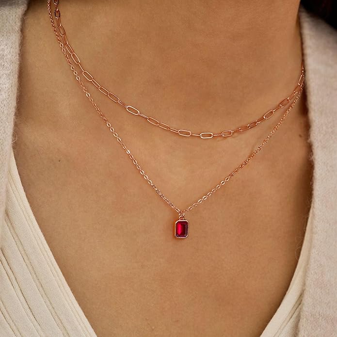 Layered Birthstone Necklace for Women Girls, 14K Gold-Plated Paperclip Chain Choker Necklace with Rectangle Birthstone Pendant Birthday Gifts for Women Girls Dainty Small