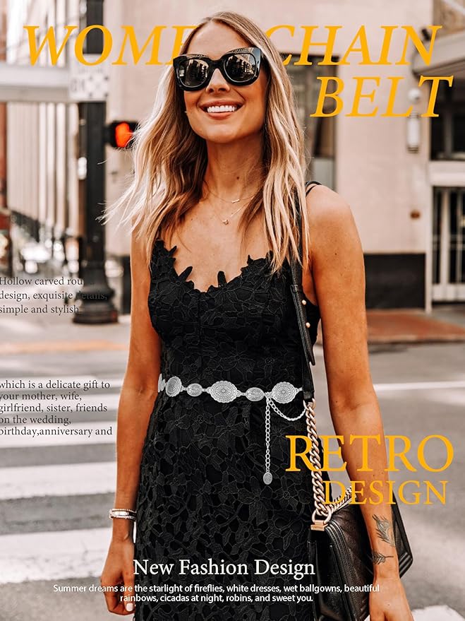 FIORETTO Metal Waist Chain Link Belt for Women Western Cowgirl Boho Turquoise Belts for Dress Jeans Country Concert Outfit